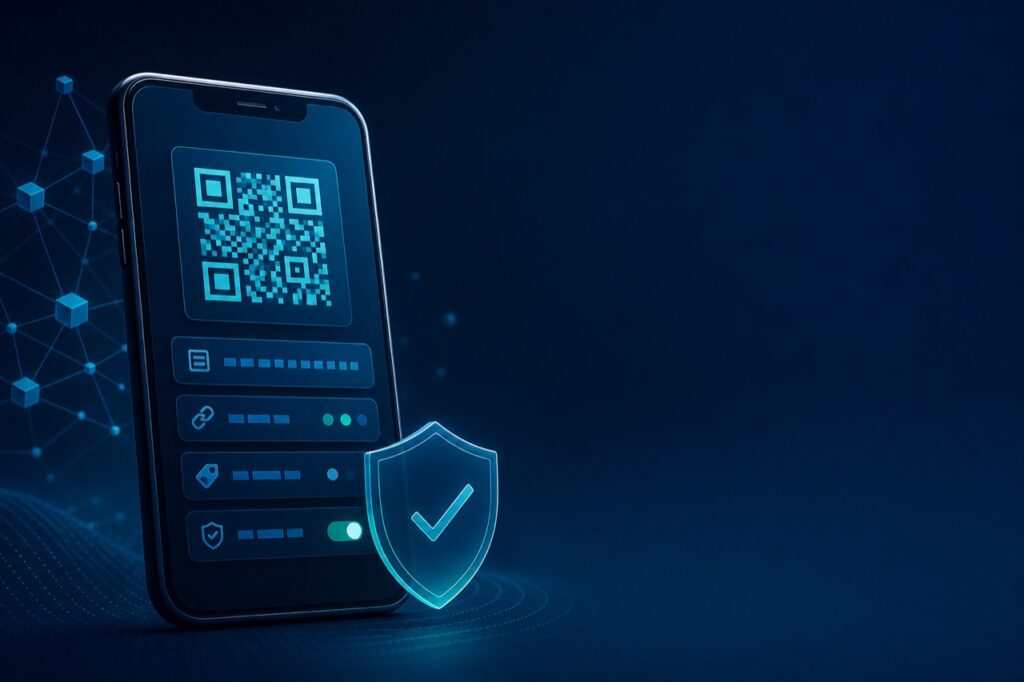 手機錢包顯示 QR 位址與安全盾牌，象徵加密貨幣錢包地址、鏈別與提領白名單檢查