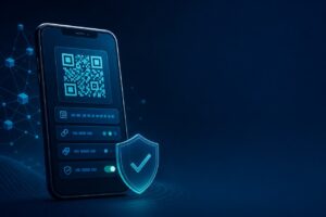 手機錢包顯示 QR 位址與安全盾牌，象徵加密貨幣錢包地址、鏈別與提領白名單檢查