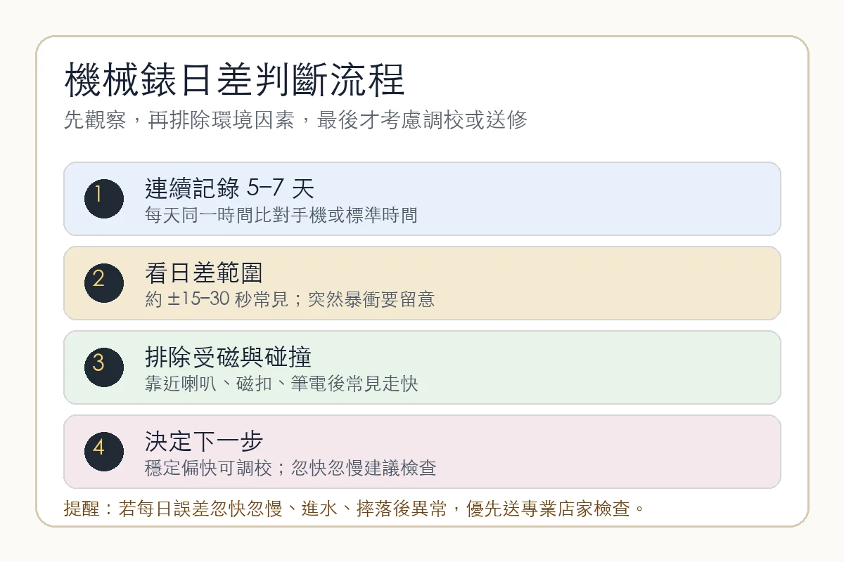 機械錶日差判斷流程，包含記錄、範圍、受磁與送修檢查