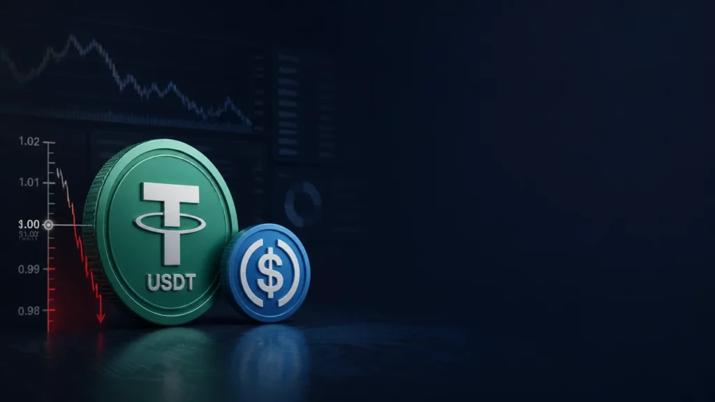 USDT 與穩定幣脫鉤風險示意圖，左側幣種主體搭配價格跌破 1 美元刻度