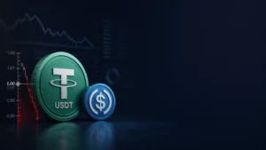 USDT 與穩定幣脫鉤風險示意圖，左側幣種主體搭配價格跌破 1 美元刻度
