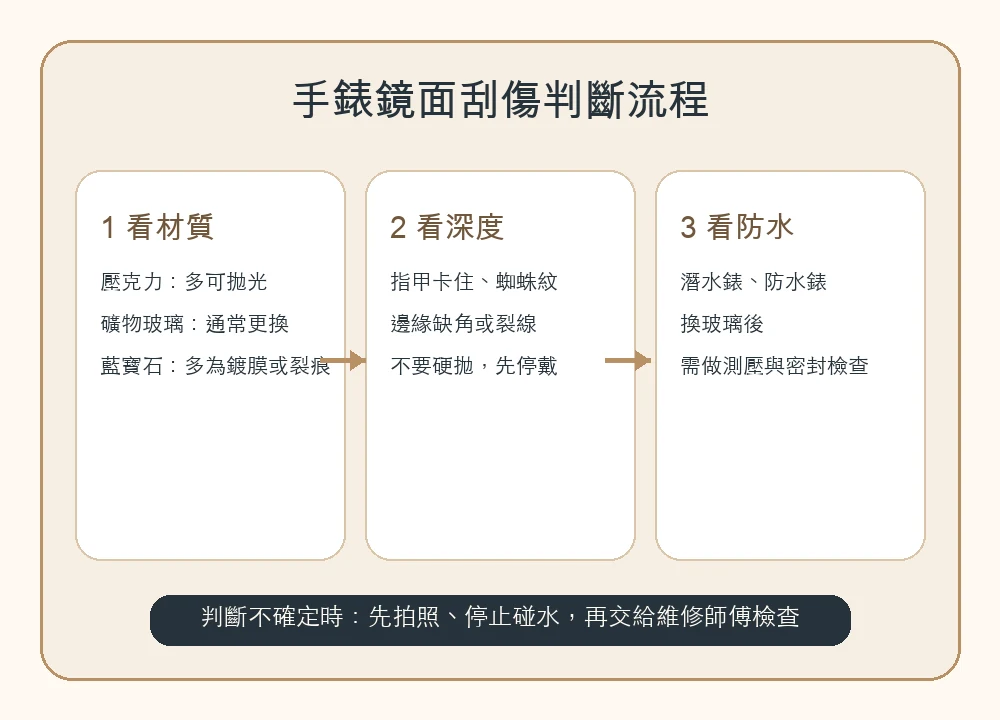手錶鏡面刮傷判斷流程:看材質、看深度與檢查防水