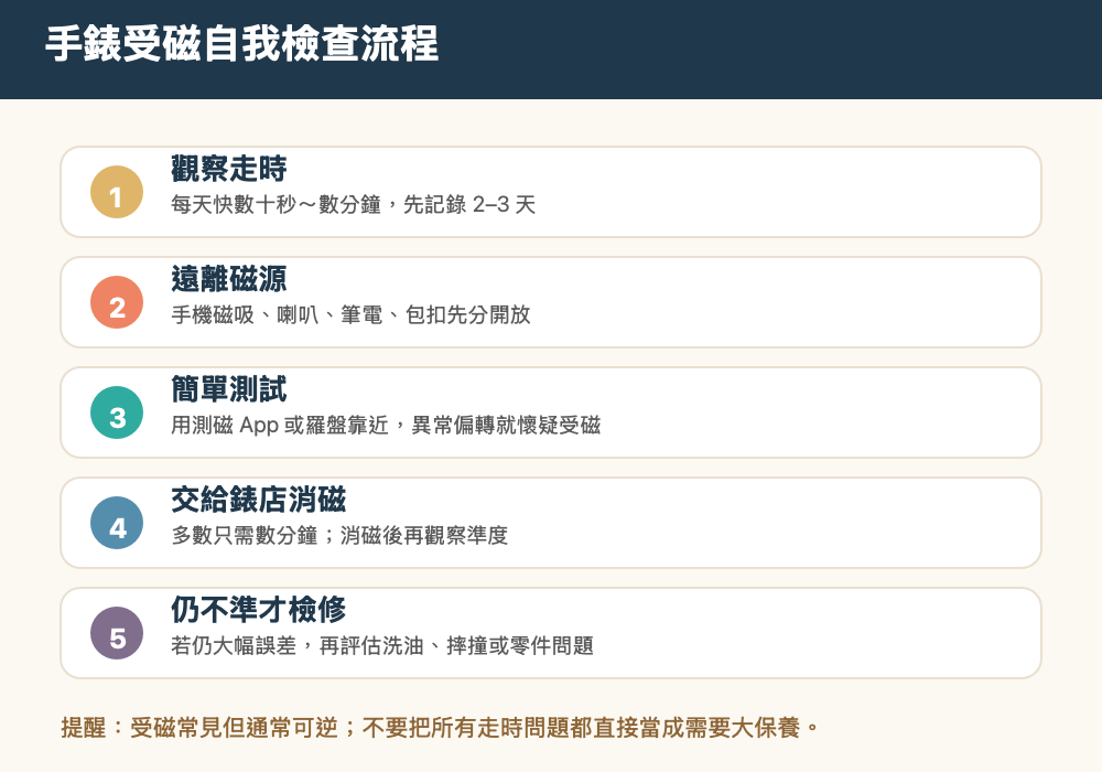 手錶受磁自我檢查流程:觀察走時、遠離磁源、測試、消磁與檢修