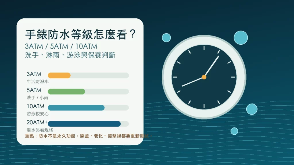 手錶防水等級 3ATM、5ATM、10ATM 與 20ATM 的配戴情境圖解