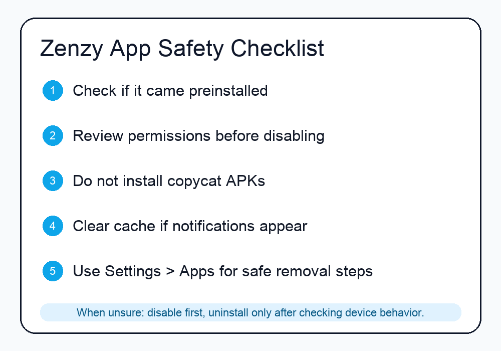 Checklist for checking Zenzy App permissions and safe disable steps on Android
