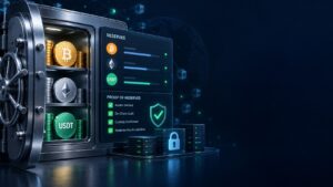 加密貨幣交易所儲備證明示意圖，左側保險庫呈現 BTC、ETH 與 USDT 儲備，右側留深色標題空間
