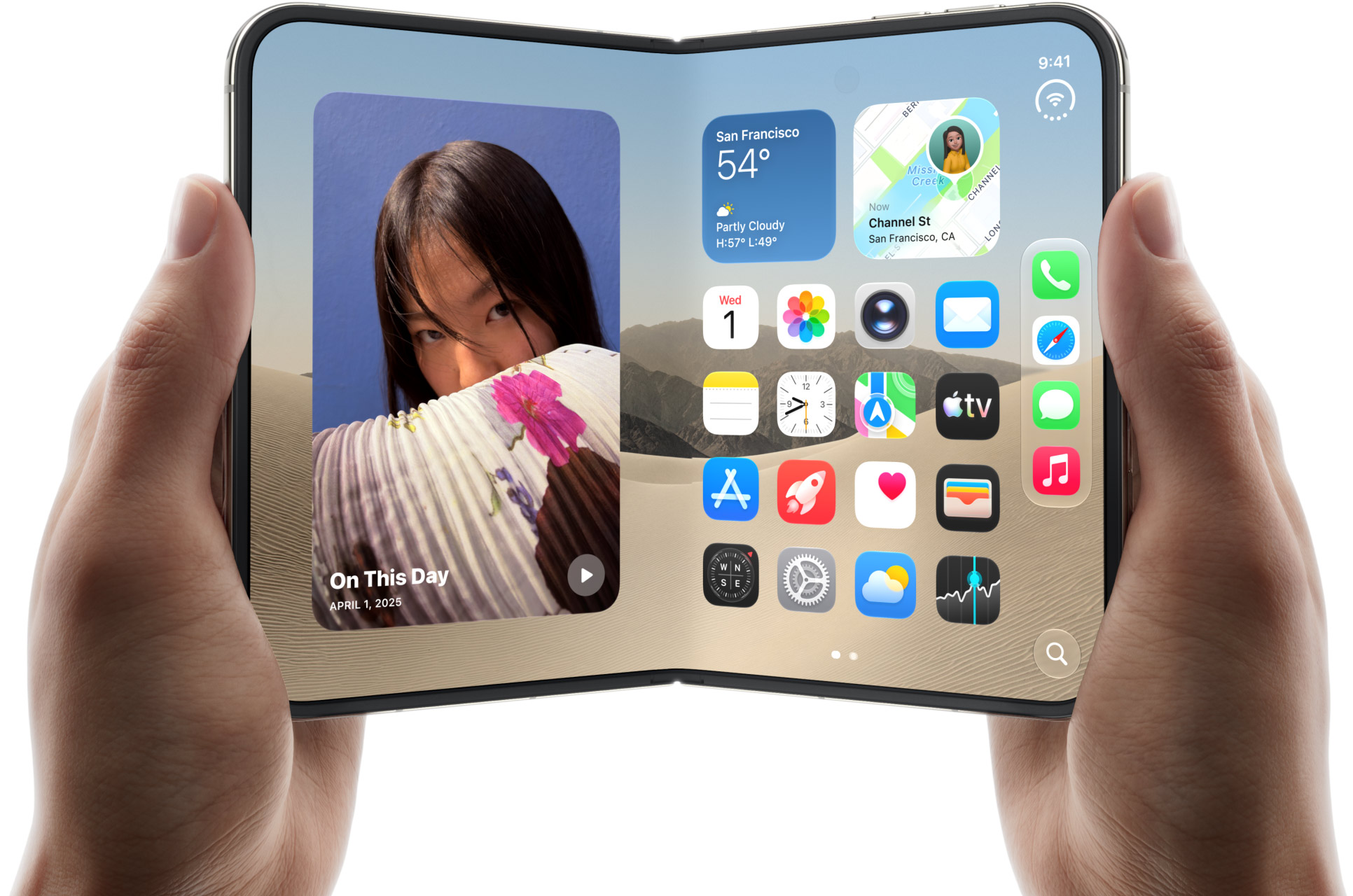 iPhone Duo 展開後的 7.6 吋雙螢幕官方產品圖