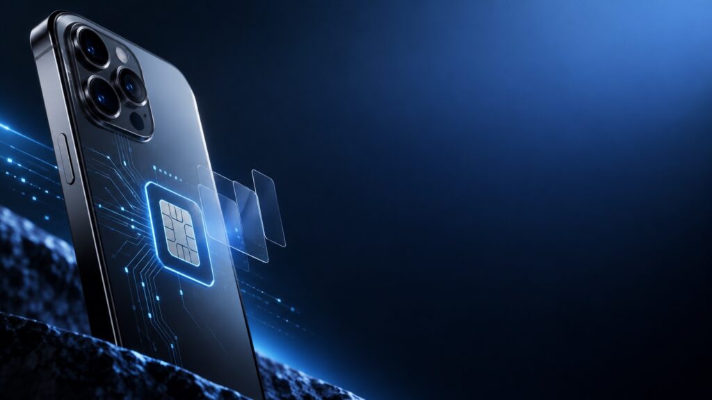 iPhone 18 eSIM 台灣換機準備的抽象手機與晶片概念圖