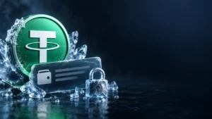 USDT 穩定幣、錢包與鎖頭放在左側，右側保留深色標題空間，呈現地址凍結與轉帳風險